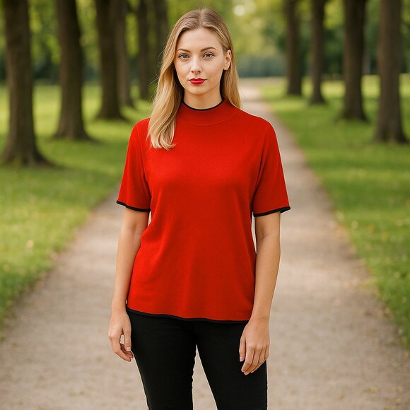 Laura Scott Women 20/22 Red Sweater Ribbed Mock Neck Short Sleeve Stretch Preppy - Picture 1 of 7